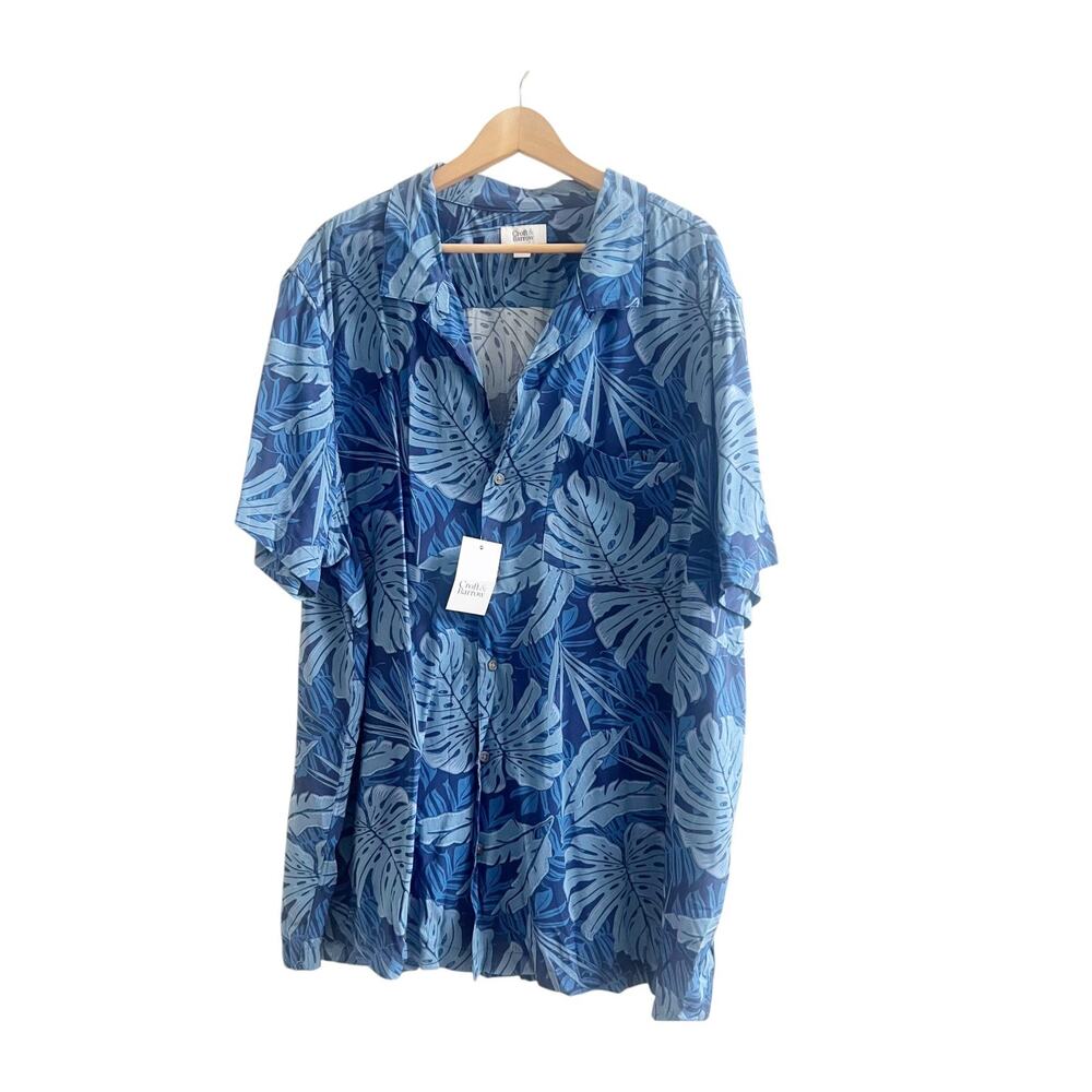 Croft & Barrow Hawaii Shirt Men 2XB Blue Tropical Monstera Leaf Casual Button Up